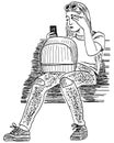 Sketch of young fashionable girl sitting on park bench with smartphone