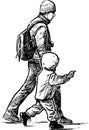 Sketch of a young father with his kid striding down the street