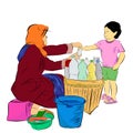 Sketch of Young Girl buy Jamu Indonesia Traditional Herbal / organic Drink from old lady Seller colorful version