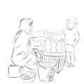 Sketch of Young Girl buy Jamu Indonesia Traditional Herbal / organic Drink from old lady Seller