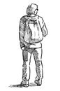 Sketch of young man with backpack standing on street and looking