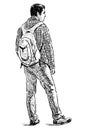 Sketch of young man with backpack standing on street in wait