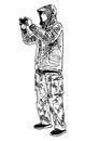 Sketch of young man in hooded jacket taking photo on smartphone, black and white vector hand drawing isolated on white