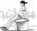 Sketch of young man sitting on bollard on seafront in port and dreaming Royalty Free Stock Photo