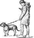 Sketch of a young man with a smartphone walking with his dog Royalty Free Stock Photo
