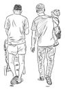 Sketch of young men with their kids strolling on summer day together