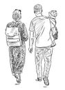 Sketch of young parents with their little daughter going for a stroll Royalty Free Stock Photo