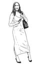 Sketch of young slim city woman with smartphone and handbag standing outdoors on summer day Royalty Free Stock Photo