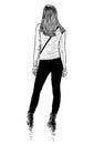 Sketch of young slim girl standing in wait