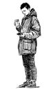 Sketch of a young townsman with a coffe cup and a cell phone