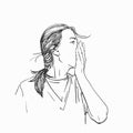 Sketch of young woman covering her mouth with hand