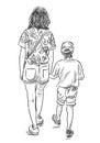 Sketch of young woman and her little son walking outdoors on summer day Royalty Free Stock Photo