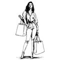 Sketch young woman holding paper bags, concept of discounts and sales.