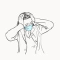 Sketch of young woman in medical face mask has headache holding hands on her head, coronavirus pandemic Royalty Free Stock Photo