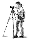 Sketch of young woman photographer with camera on tripod taking picture outdoors Royalty Free Stock Photo