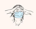 Sketch of young woman portrait in medical face mask has headache holding hands on her head, coronavirus pandemic problem Royalty Free Stock Photo