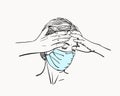 Sketch of young woman portrait in medical face mask has headache holding hands on her head temples, coronavirus pandemic