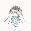 Sketch of young woman portrait in medical face mask has headache holding hands on her head temples, coronavirus pandemic