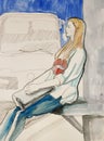 Sketch of young woman sitting on the bus stop awaiting her trans