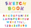 Sketchbook colorful font design. ABC scribble scratchy letters and numbers isolated Royalty Free Stock Photo