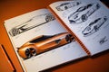 sketchbook, with multitude of sketches and designs for future cars