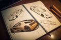 sketchbook, with multitude of sketches and designs for future cars