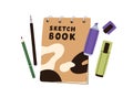 Sketchbook, pencils, markers for drawing and calligraphy art. Notebook, tools, supplies. Artists notepad, spiral sketch