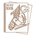 Sketchbooks, pen, mug. Outline drawing Royalty Free Stock Photo