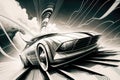 sketched car, with flying lines and perspective, on futuristic sci-fi background