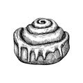 Sketched cinnamon roll illustration. Vector sketch of traditional baked product. Cinnamon bun with cream, sugar, cinnamon drawing