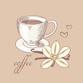 Sketched cofee cup with vanilla flower