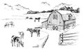 Sketched farm. Cows graze in the meadow. Royalty Free Stock Photo