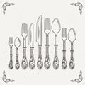 Sketched illustration of retro tableware. Vector pictures of spoon, fork and knife