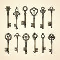 Sketched Keys, Hand Drawn Lock Picks, Engraving Key Collection Royalty Free Stock Photo