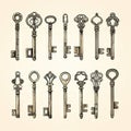 Sketched Keys, Hand Drawn Lock Picks, Engraving Key Collection Royalty Free Stock Photo