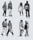 Sketches of casual couple citizens walking down street