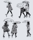 Sketches of casual women walking under umbrellas down street