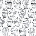 Sketches Cupcakes Background. Birthday cakes, desserts, hand drawing style.