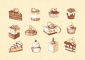 Sketches of cupcakes, berry pie and chocolate tiered cake