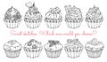 Sketches of different kinds of sweet baskets and cupcakes