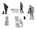 Sketches of dogs on walk with their owners