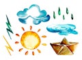 Sketches of elements lightning and puddle, cloud and rain, sun and paper boat. Royalty Free Stock Photo