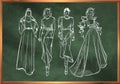 Sketches of fashion girls in chalk style on a school blackboard. Stylish fashion models. Young girls. Fashion womans Sketch