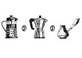 Sketches of French press, geyser coffee maker, cezva and coffee beans. Vector illustration