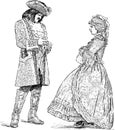 Sketches of lady and gentleman in luxury historical costumes standing and speaking Royalty Free Stock Photo