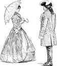 Sketches of lady and gentlemen in luxury historical costumes standing and talking Royalty Free Stock Photo