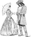 Sketches of noble couple in luxury historical costumes standing and talking Royalty Free Stock Photo