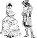 Sketches of noble people in luxury costumes standing and talking Royalty Free Stock Photo