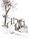 Sketches of old wooden bridge. Drawing with pencil