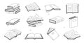 Sketches of open, closed books, stack of textbooks